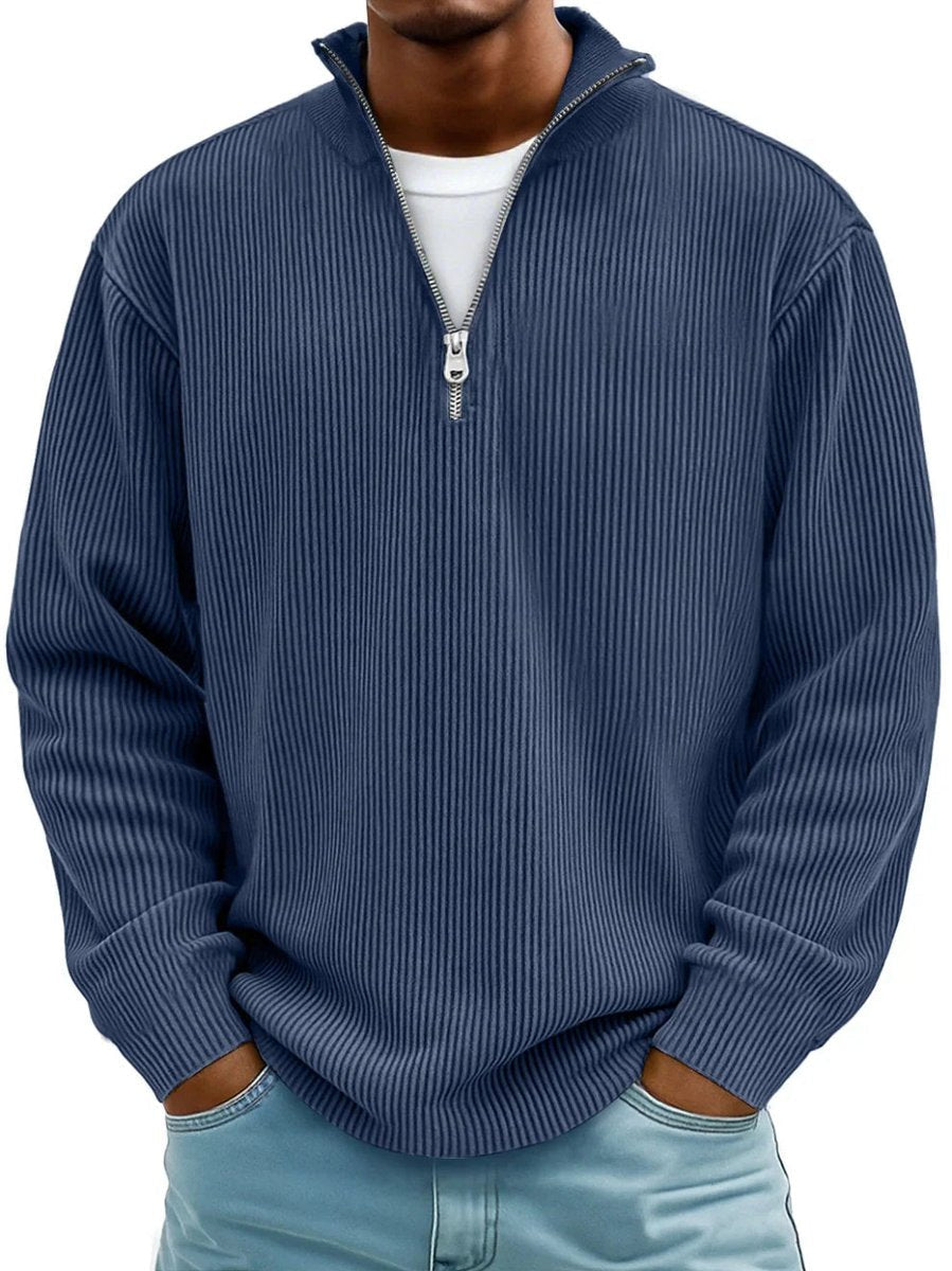 Men's ribbed quarter-zip jumper with stand collar and long sleeves