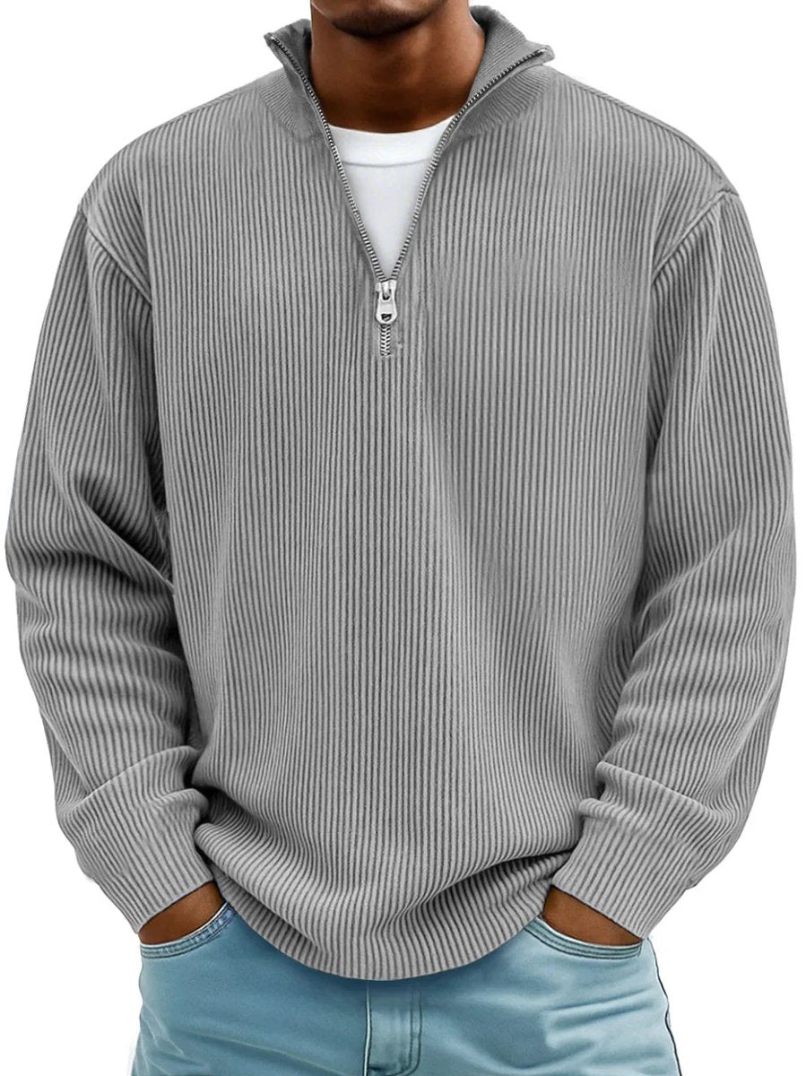 Men's ribbed quarter-zip jumper with stand collar and long sleeves