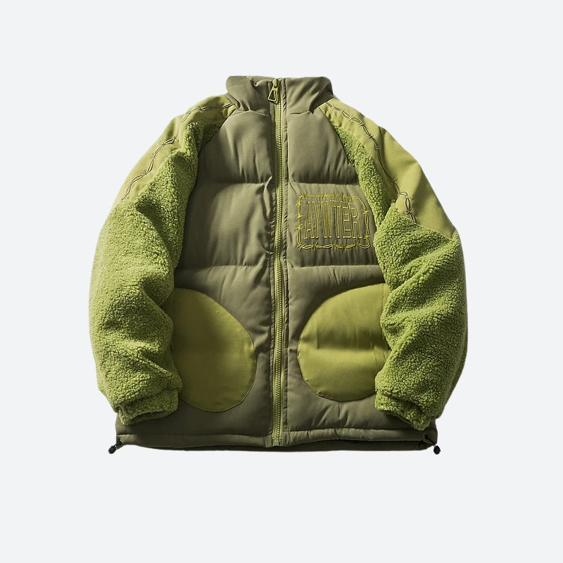 Green padded puffer jacket with textured sleeves and high collar