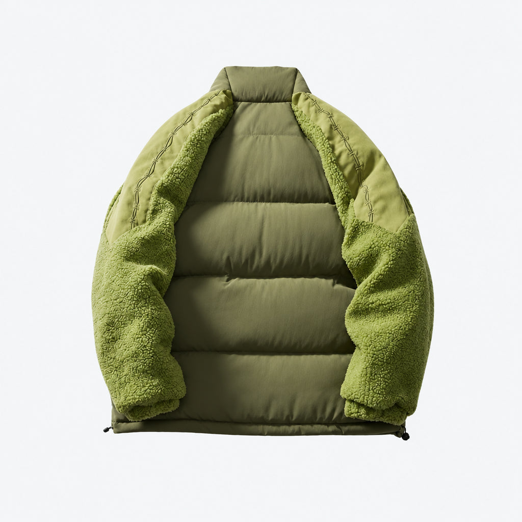Green padded puffer jacket with textured sleeves and high collar