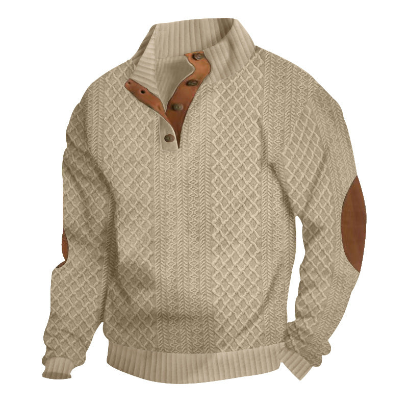 Men's Jumper Cable-Knit Stand Collar Elbow Patch - Beige