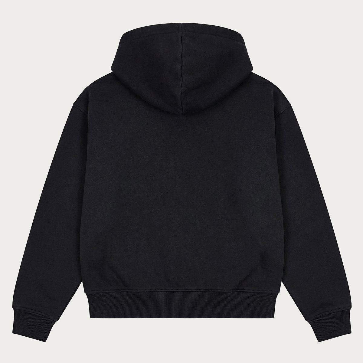 Black hooded sweatshirt with long sleeves, chest logo and front kangaroo pocket