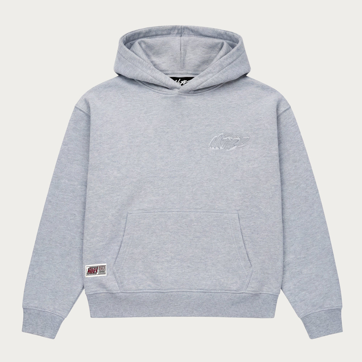 Grey unisex pullover hoodie with hood, long sleeves and kangaroo pocket