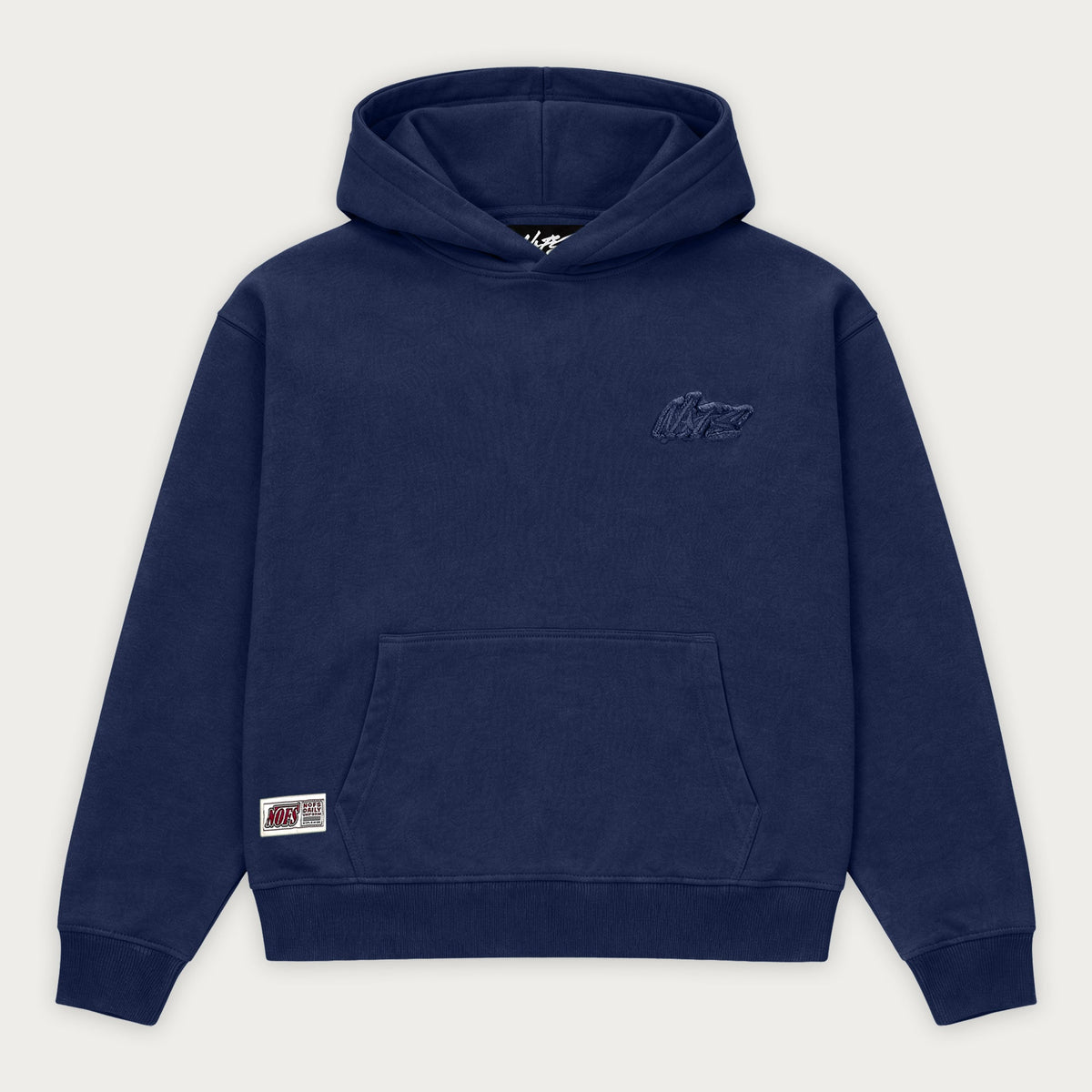 Navy hooded sweatshirt with long sleeves and kangaroo pocket