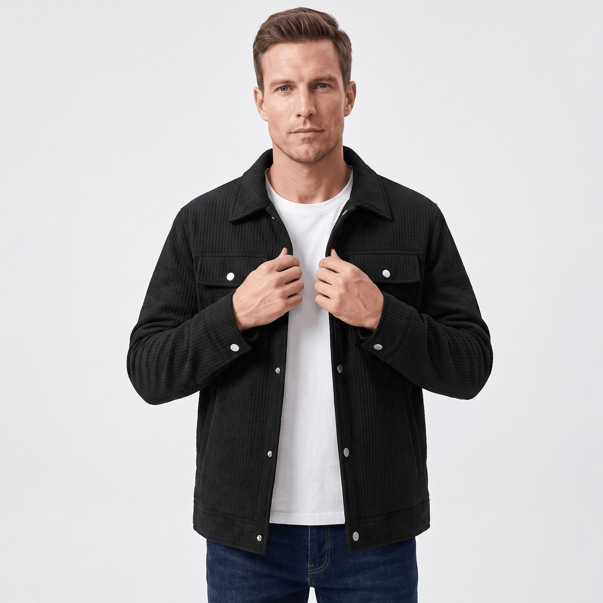 Men's quilted corduroy jacket with snap front, turn-down collar and pockets