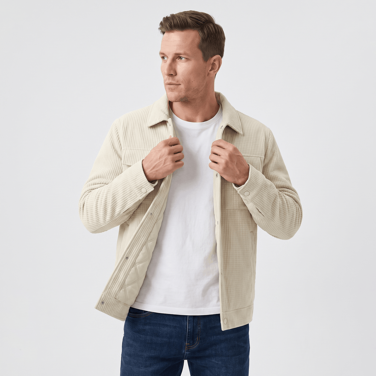Men's quilted corduroy jacket with snap front, turn-down collar and pockets