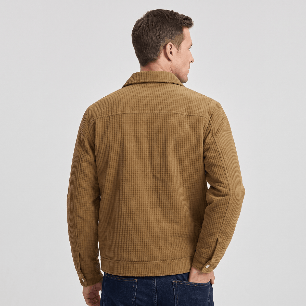 Men's quilted corduroy jacket with snap front, turn-down collar and pockets
