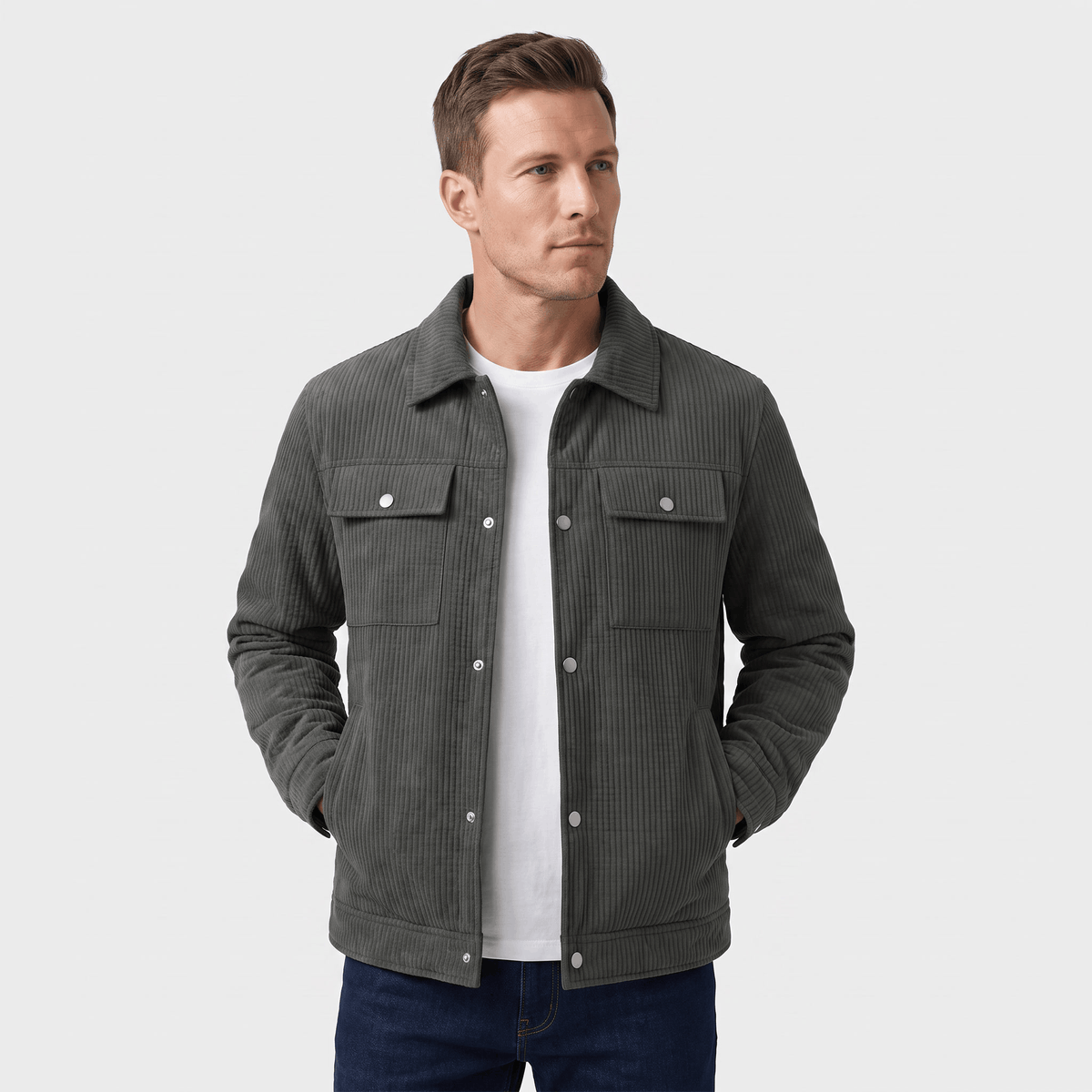 Men's quilted corduroy jacket with snap front, turn-down collar and pockets