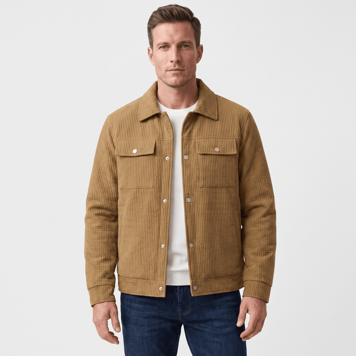 Men's quilted corduroy jacket with snap front, turn-down collar and pockets