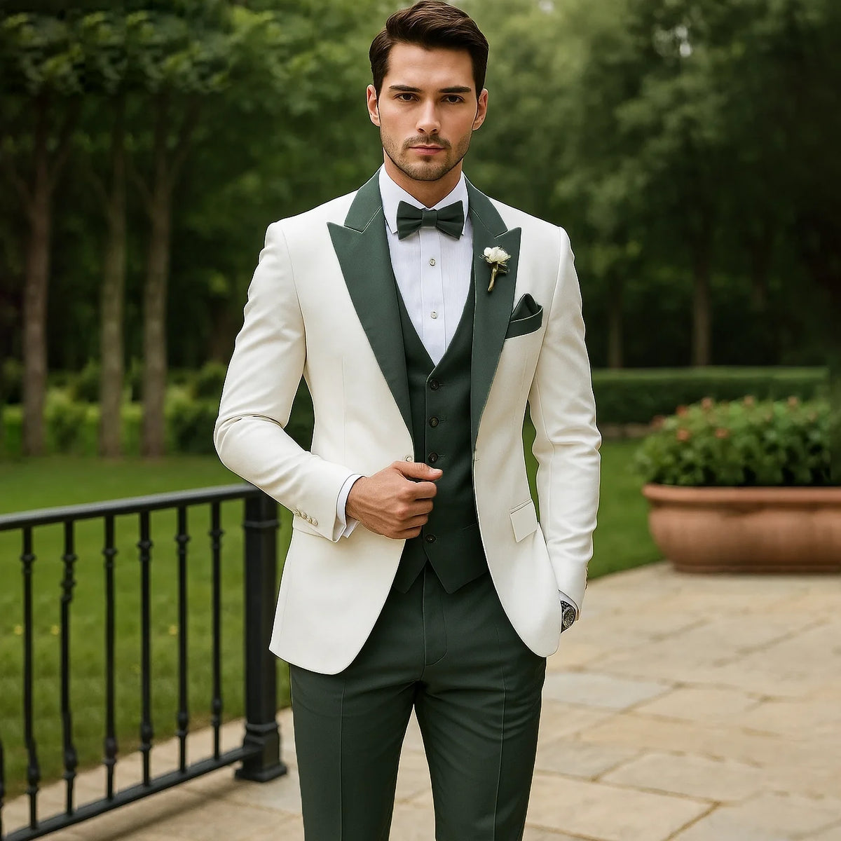 Men's three piece suit with notched lapel jacket, V-neck waistcoat and matching trousers