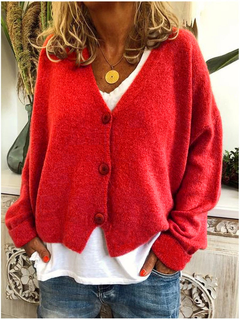Women's V-neck button cardigan with long sleeves and ribbed trims