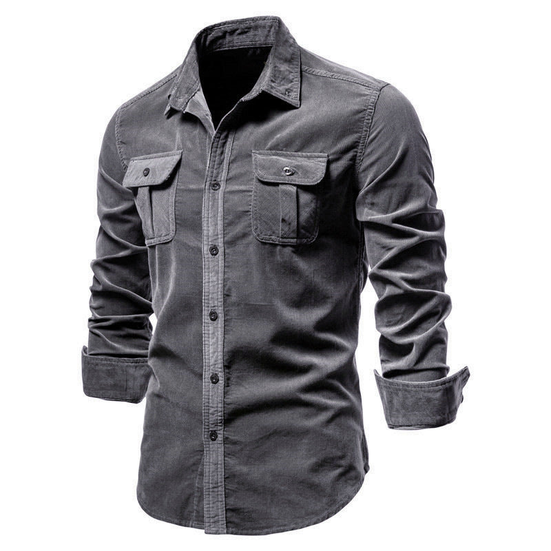 Men's Corduroy Shirt Slim Fit Dual Chest Pockets - Dark Grey
