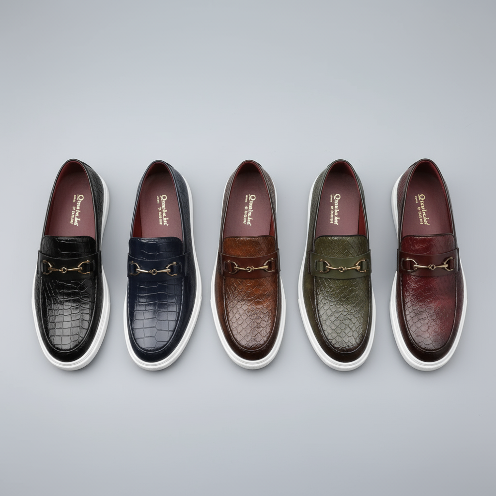 Men's textured slip-on loafers with buckle detail and contrasting flat soles