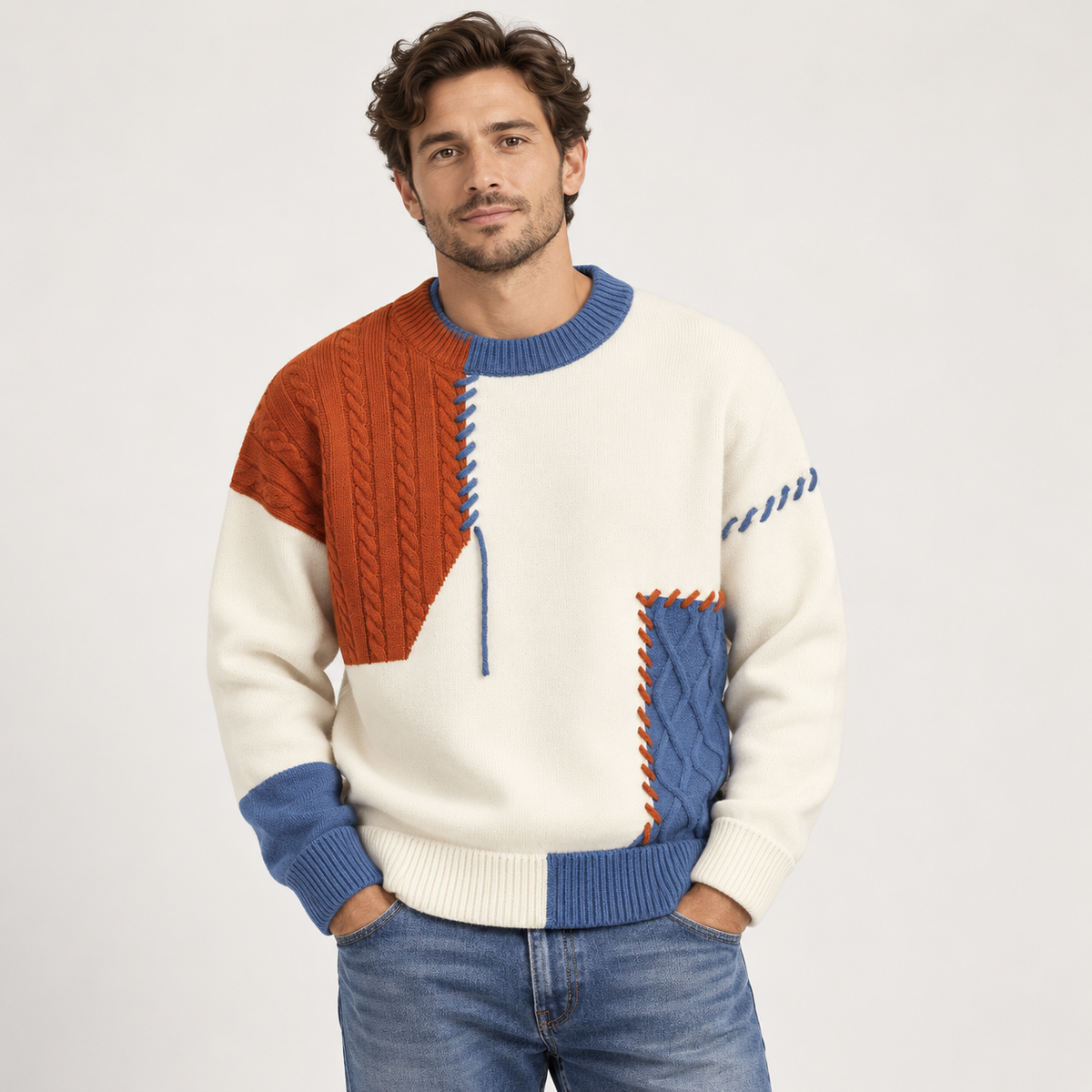 Unisex patchwork cable knit sweater with contrasting panels and ribbed trims