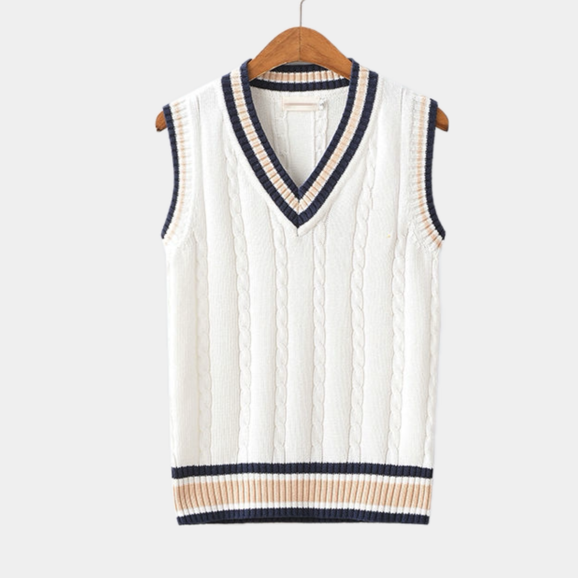 Sleeveless cable knit sweater vest with V-neck and striped trim