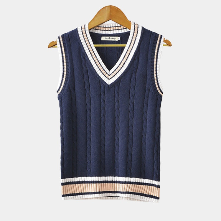 Sleeveless cable knit sweater vest with V-neck and striped trim