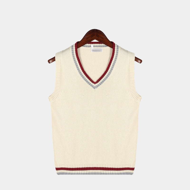 Sleeveless cable knit sweater vest with V-neck and striped trim