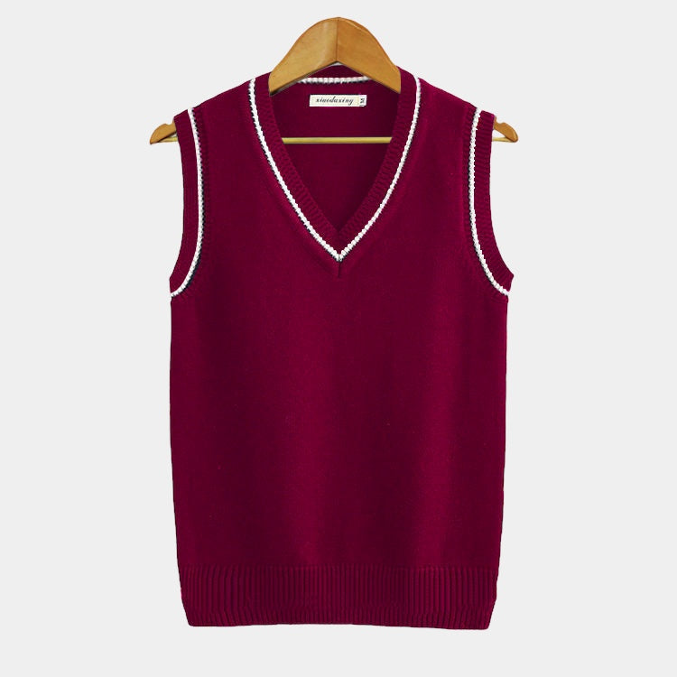 Sleeveless cable knit sweater vest with V-neck and striped trim
