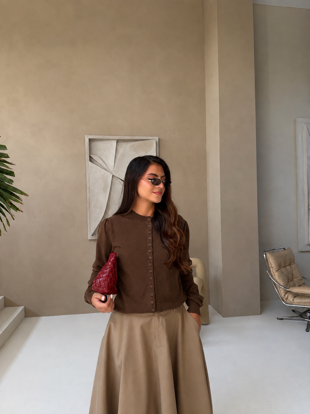 Women's brown button cardigan with crew neck and long sleeves
