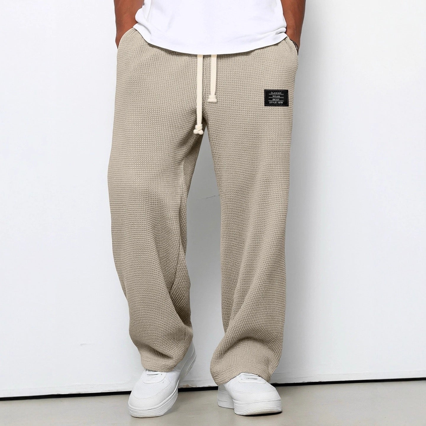 Men's Trousers Waffle Knit Relaxed Drawstring - Beige