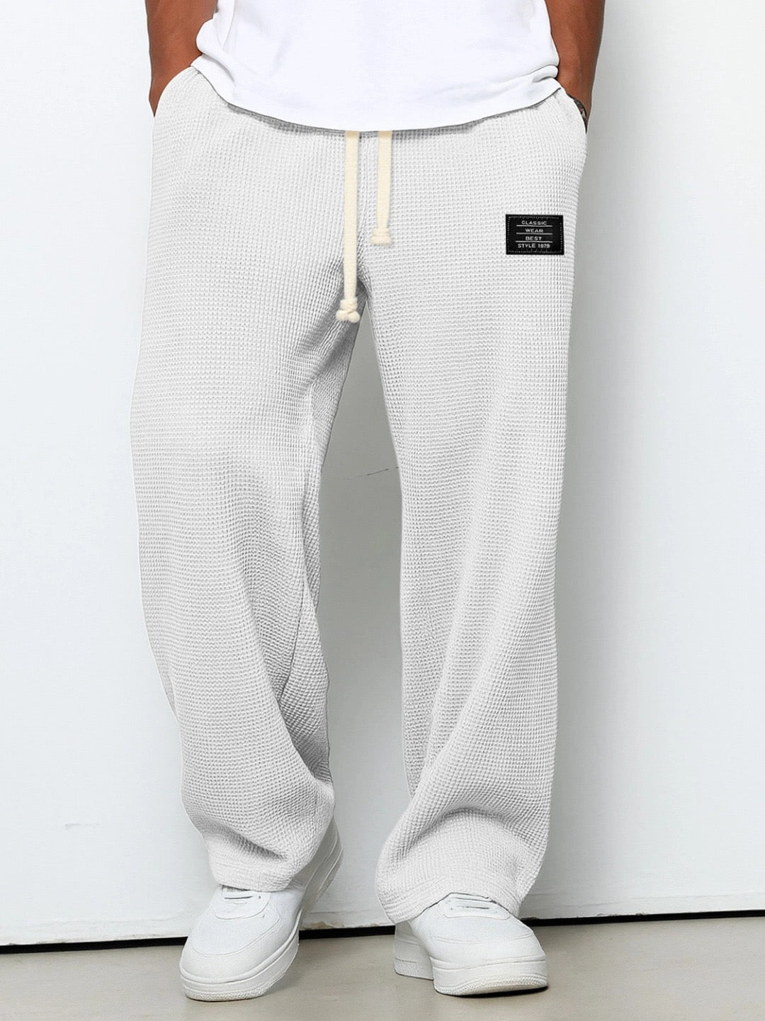 Men's Trousers Waffle Knit Relaxed Drawstring - White