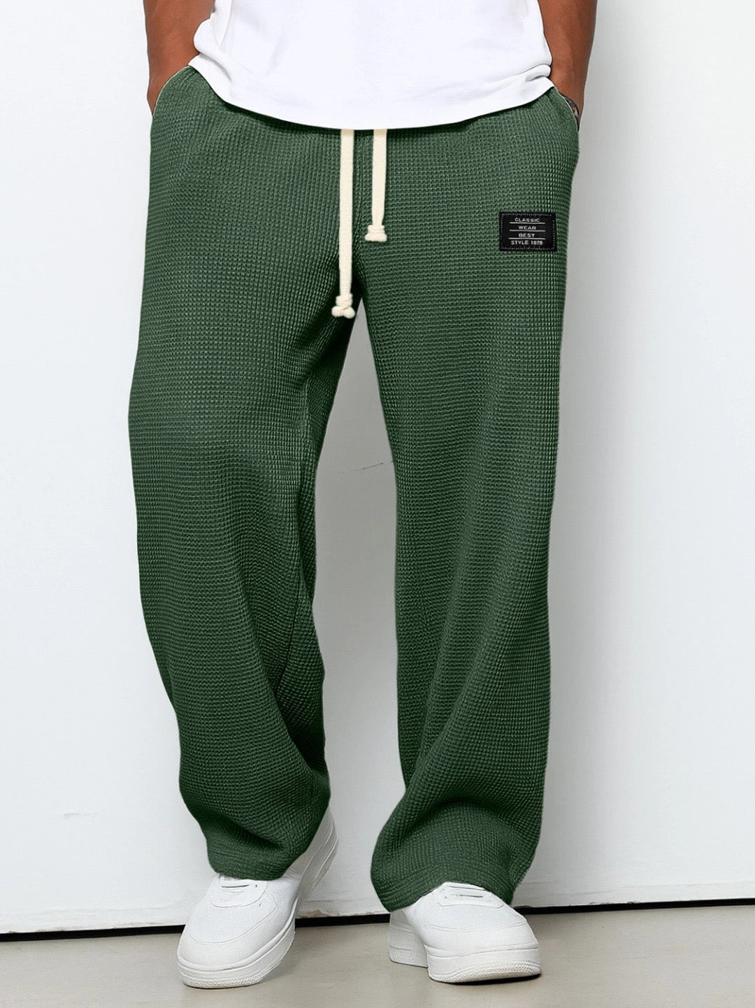 Men's Trousers Waffle Knit Relaxed Drawstring - Dark Green