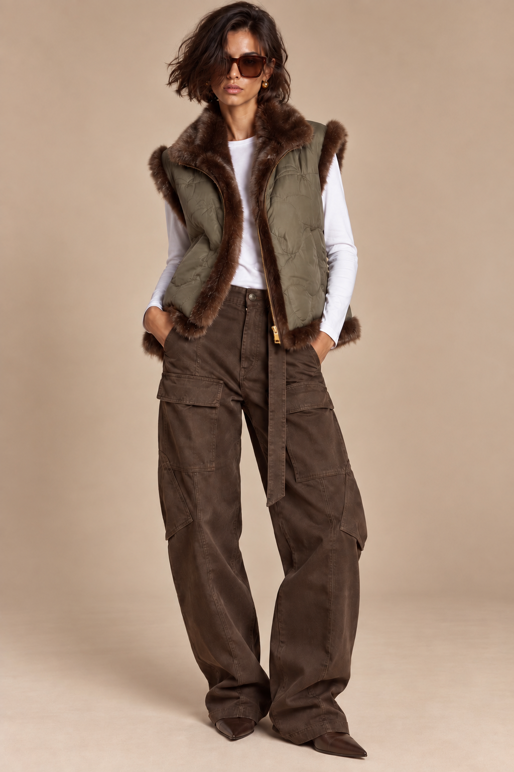 Women's sleeveless quilted puffer gilet with fur trim and front zip