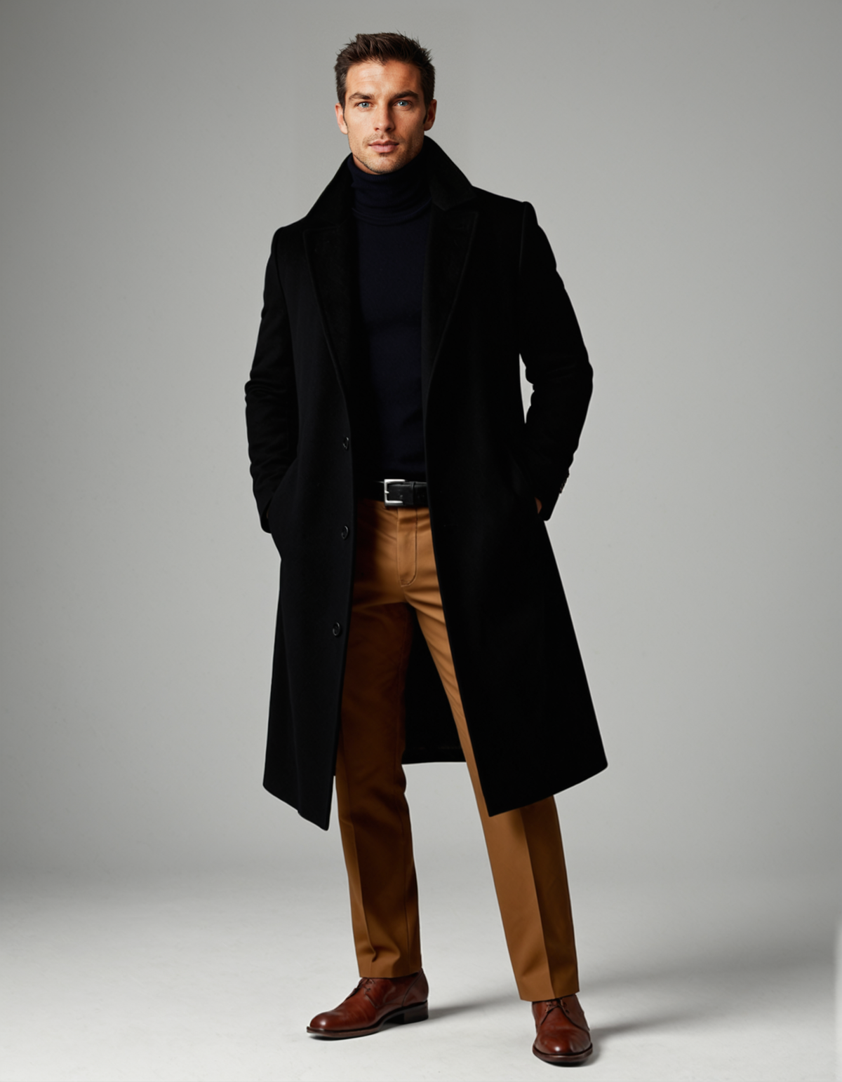 Men's long button-front overcoat with notched lapels and side pockets