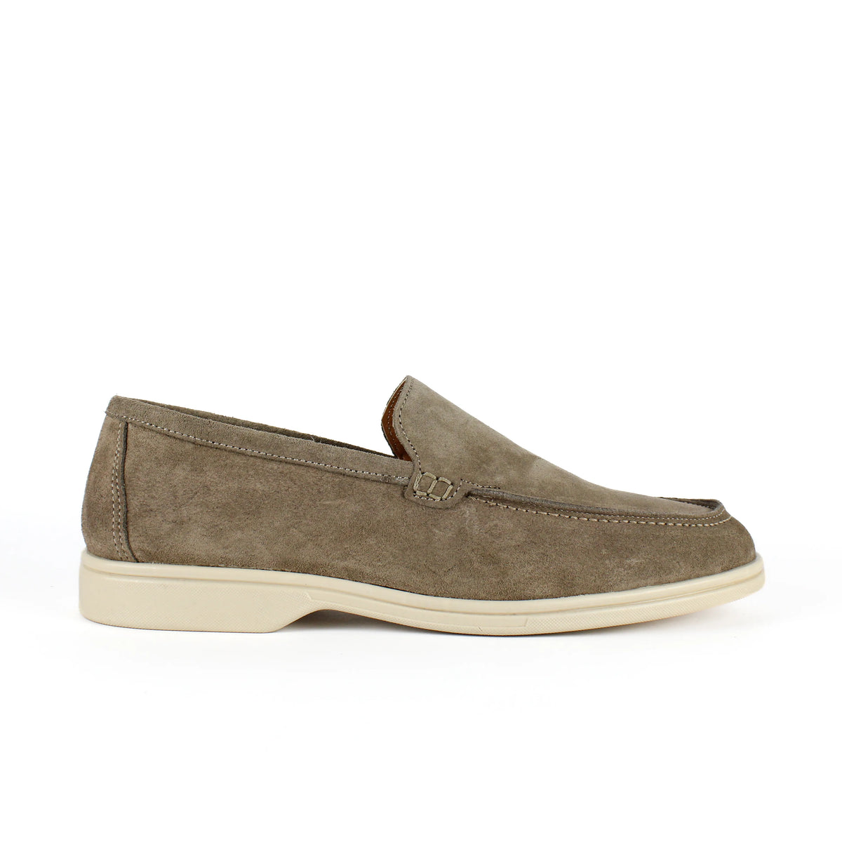 Men's beige slip-on loafers with moc toe stitching and cream soles