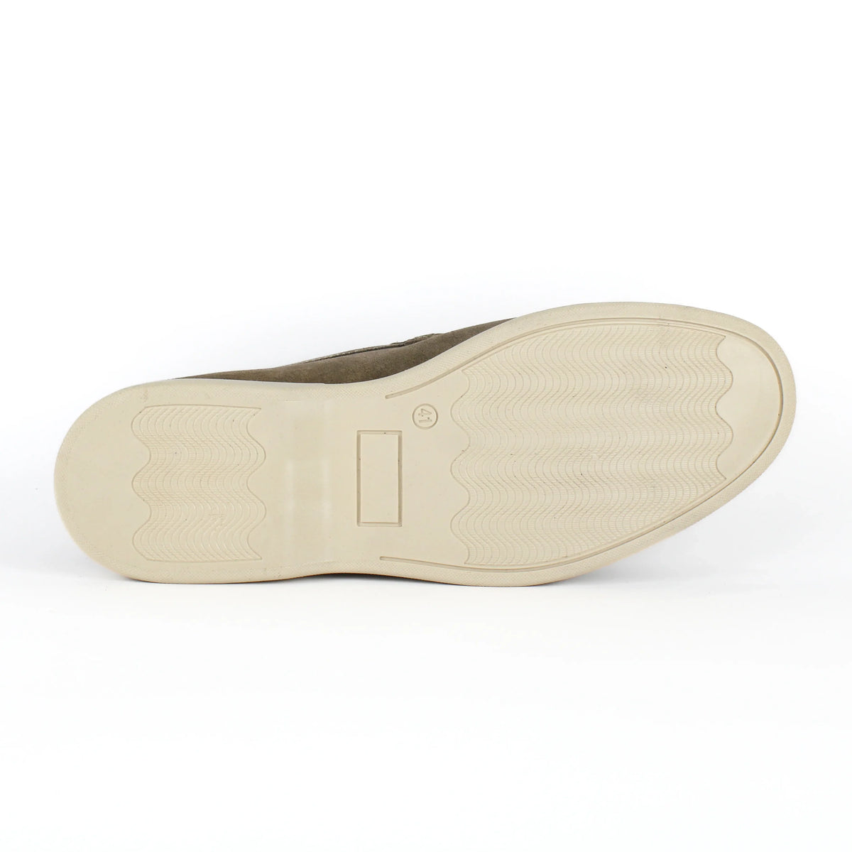 Men's beige slip-on loafers with moc toe stitching and cream soles