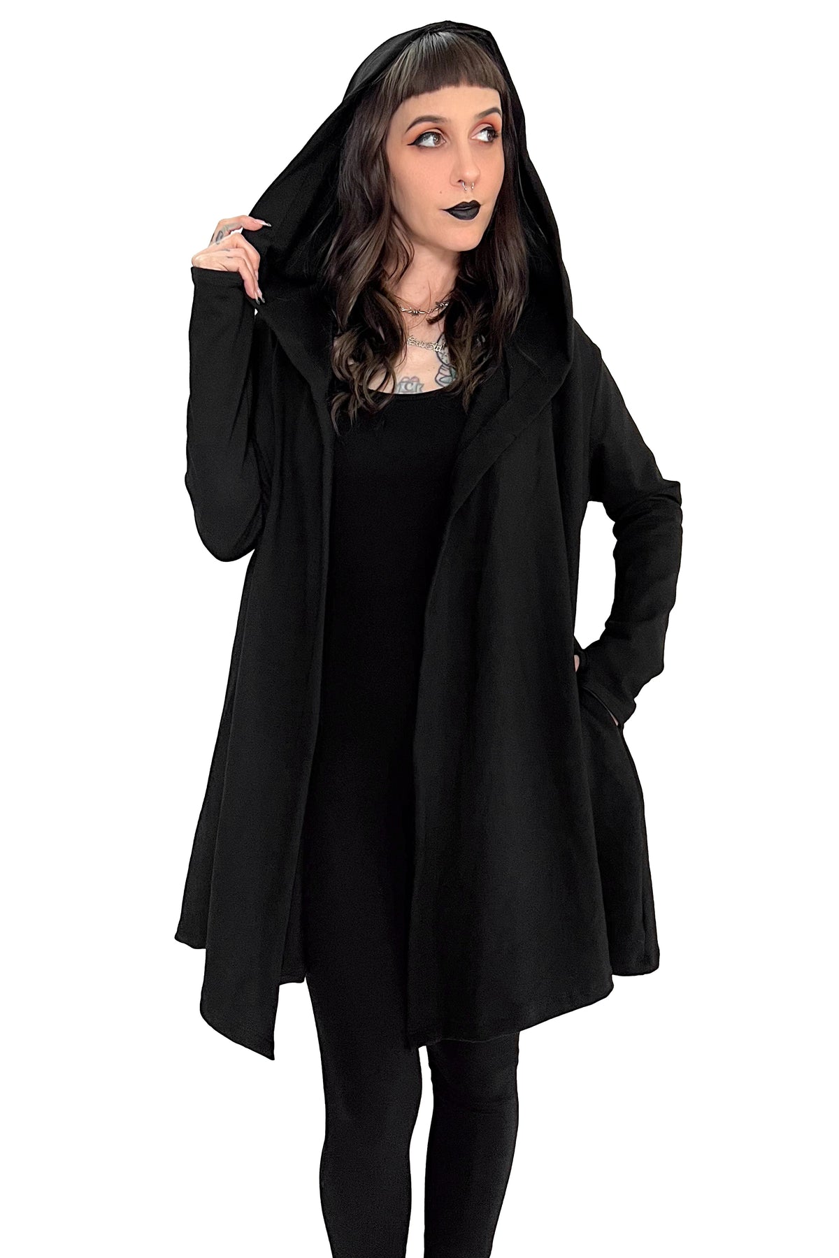 Women's black long sleeve hooded cardigan with an open front and long draped shape