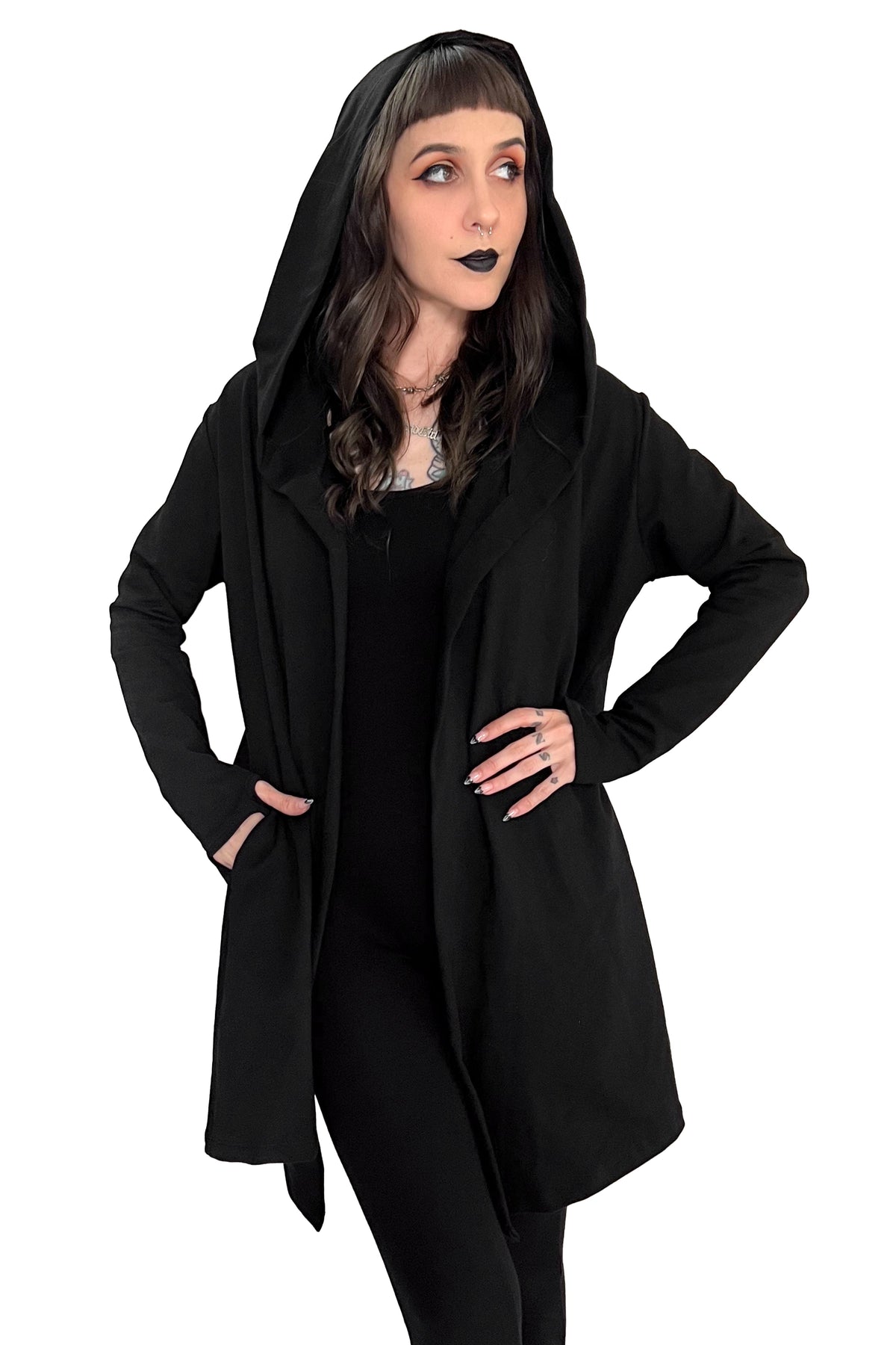 Women's black long sleeve hooded cardigan with an open front and long draped shape