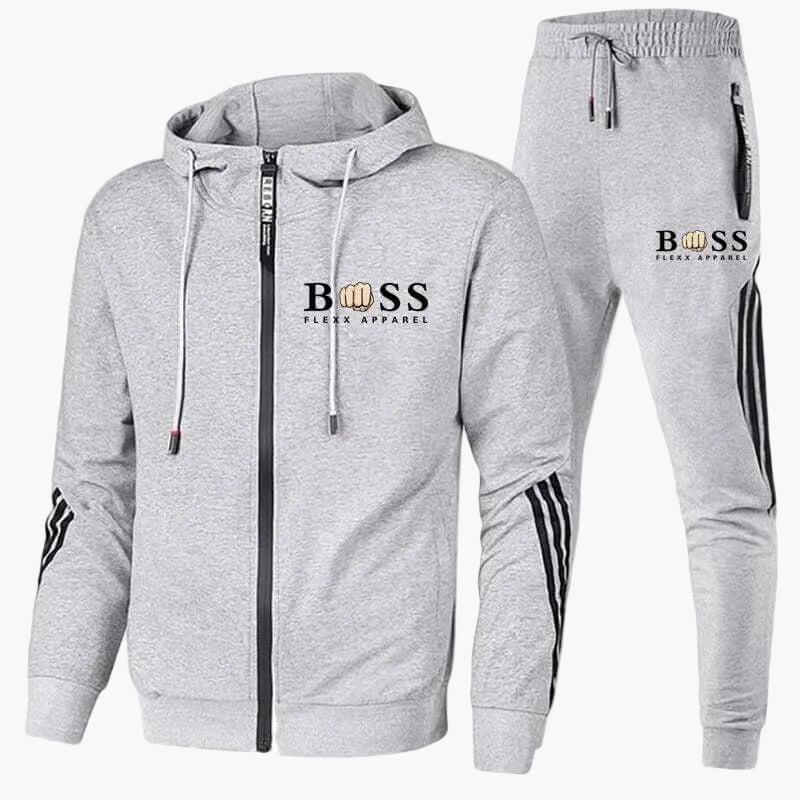 Men's hooded tracksuit set with zip jacket and striped jogger trousers