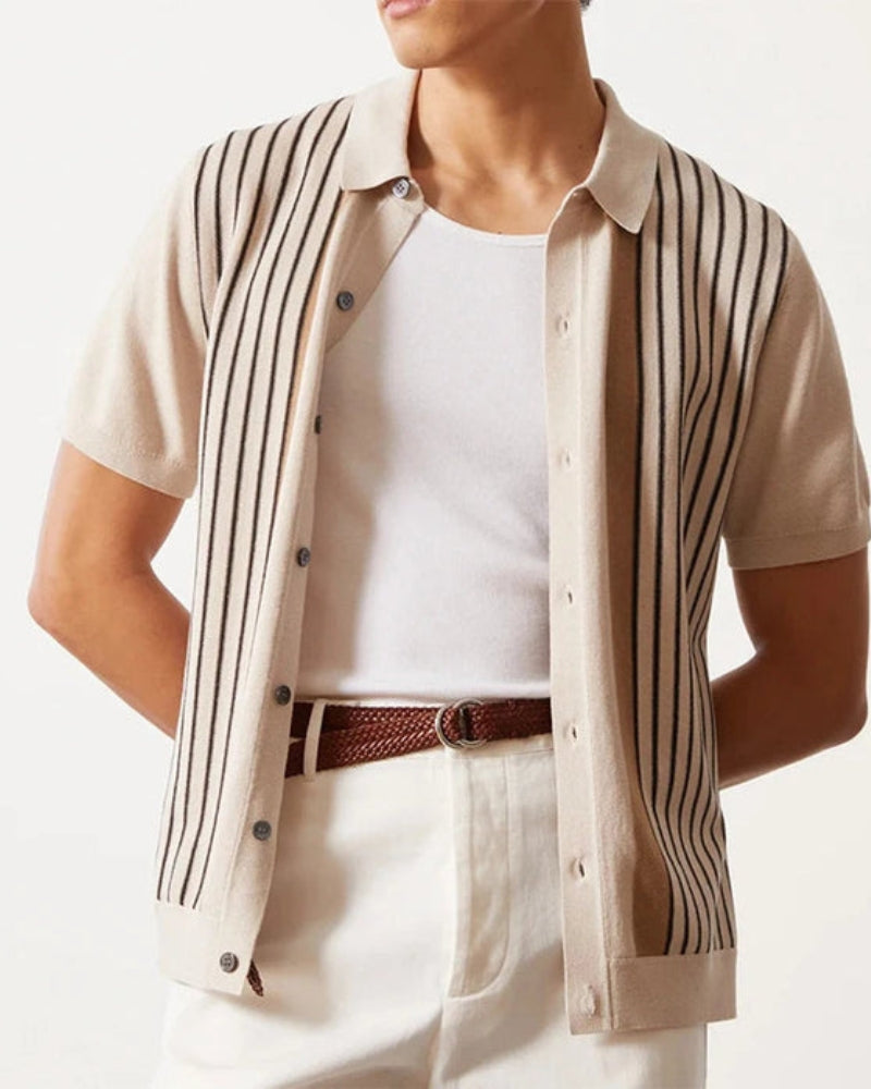 Men's cream striped knit polo shirt with short sleeves and button front