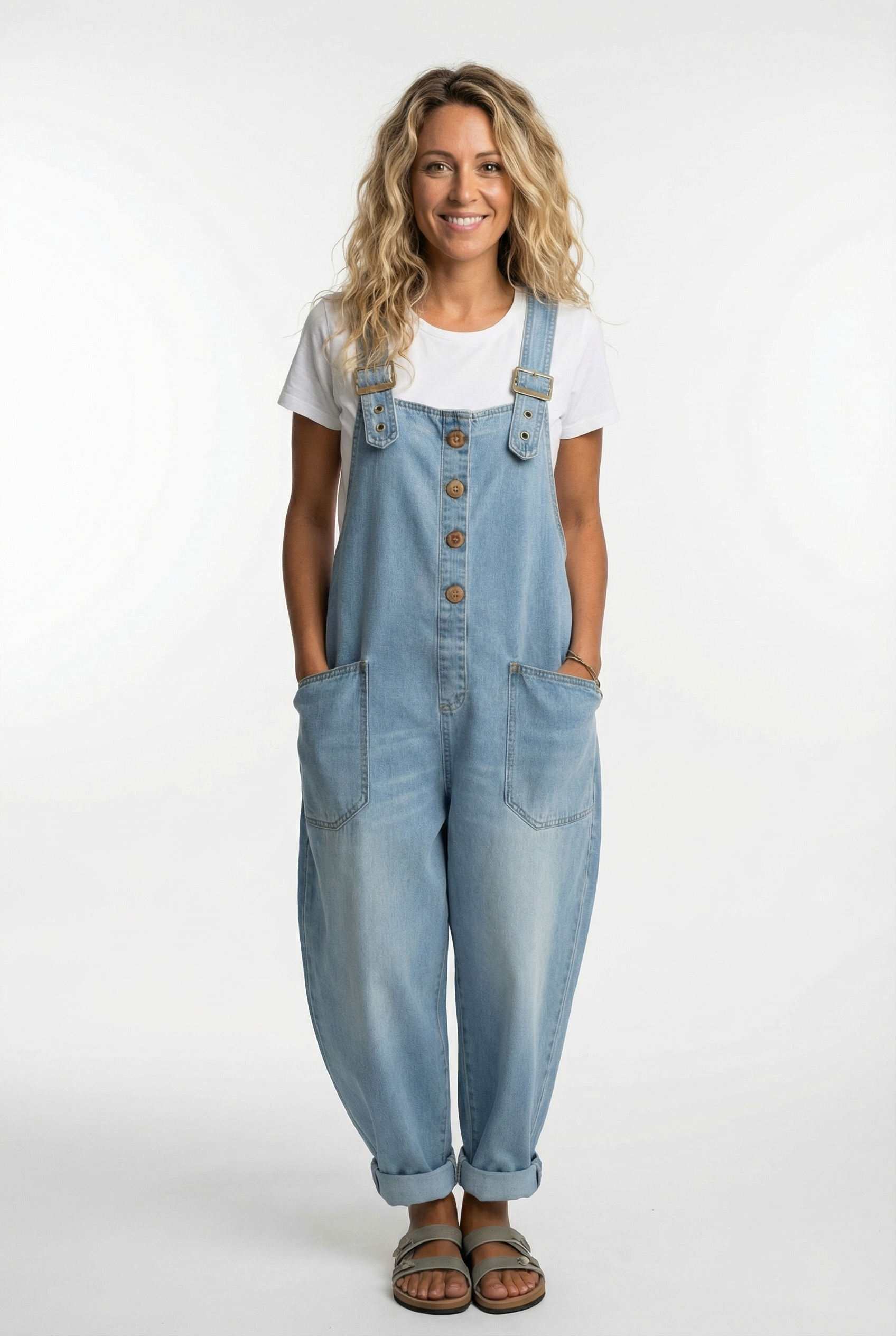 Women's Denim Dungaree Jumpsuit Wide Leg Adjustable Strap Relaxed Fit