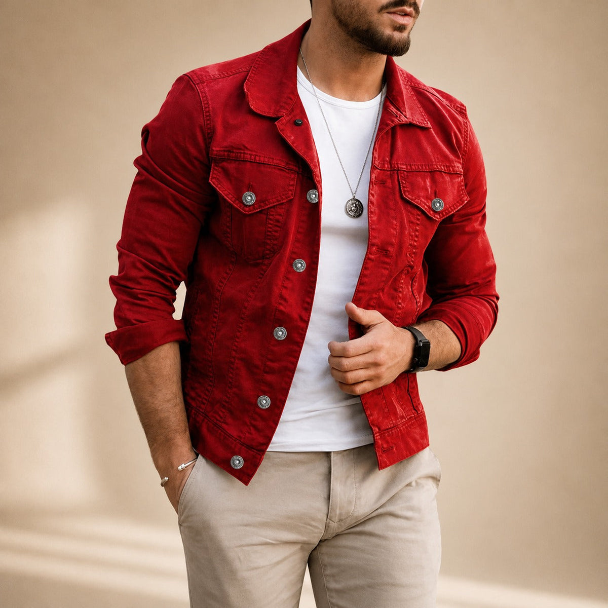 Men's collared utility jacket with long sleeves, button front and flap pockets