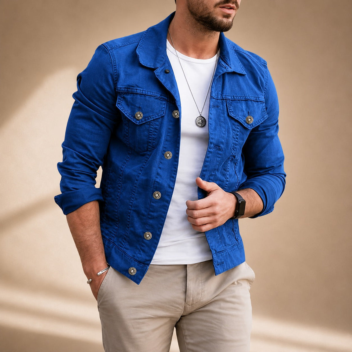 Men's collared utility jacket with long sleeves, button front and flap pockets