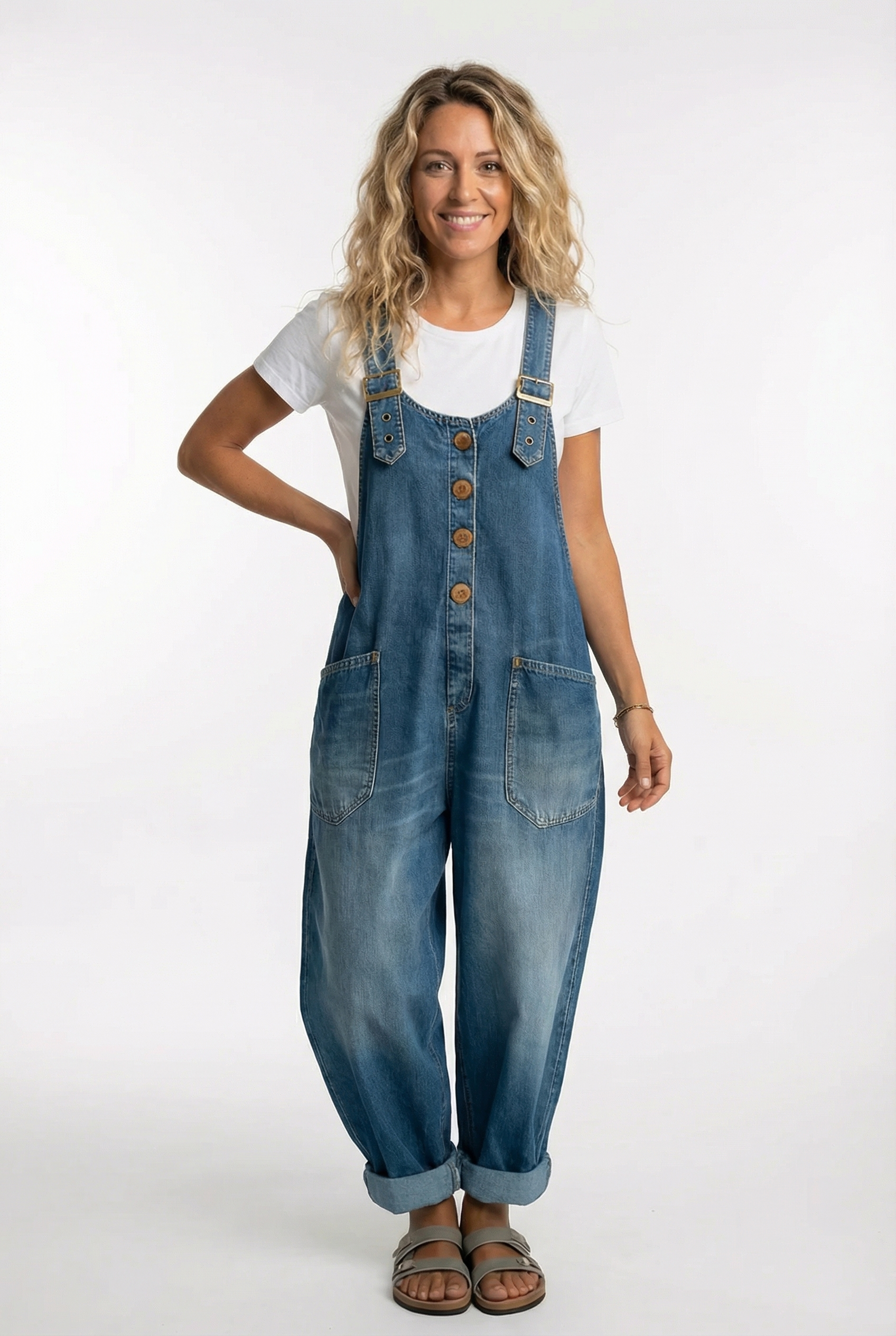 Women's Denim Dungaree Jumpsuit Wide Leg Adjustable Strap Relaxed Fit