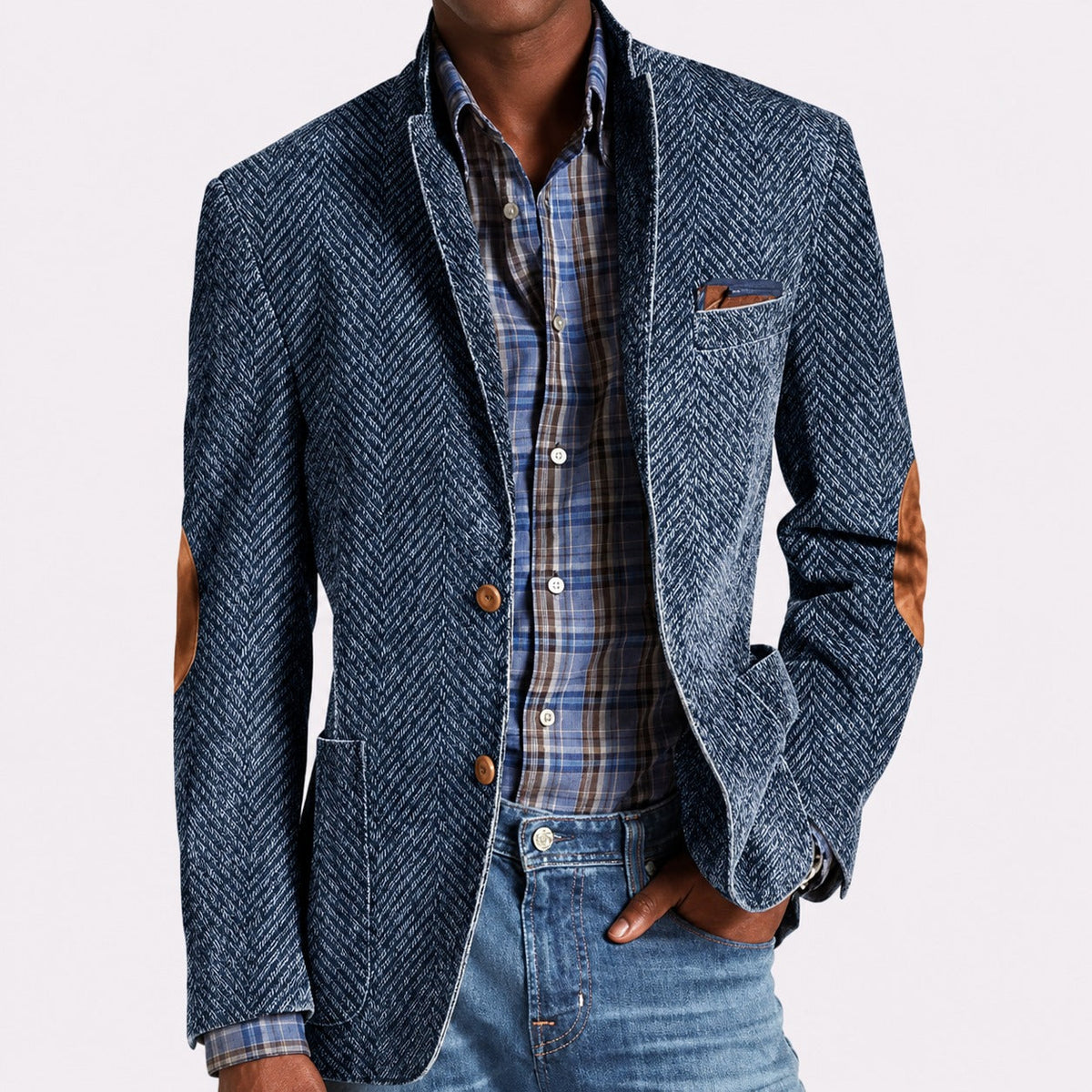 Men's single-breasted blazer with notched lapels, buttons and patch pockets