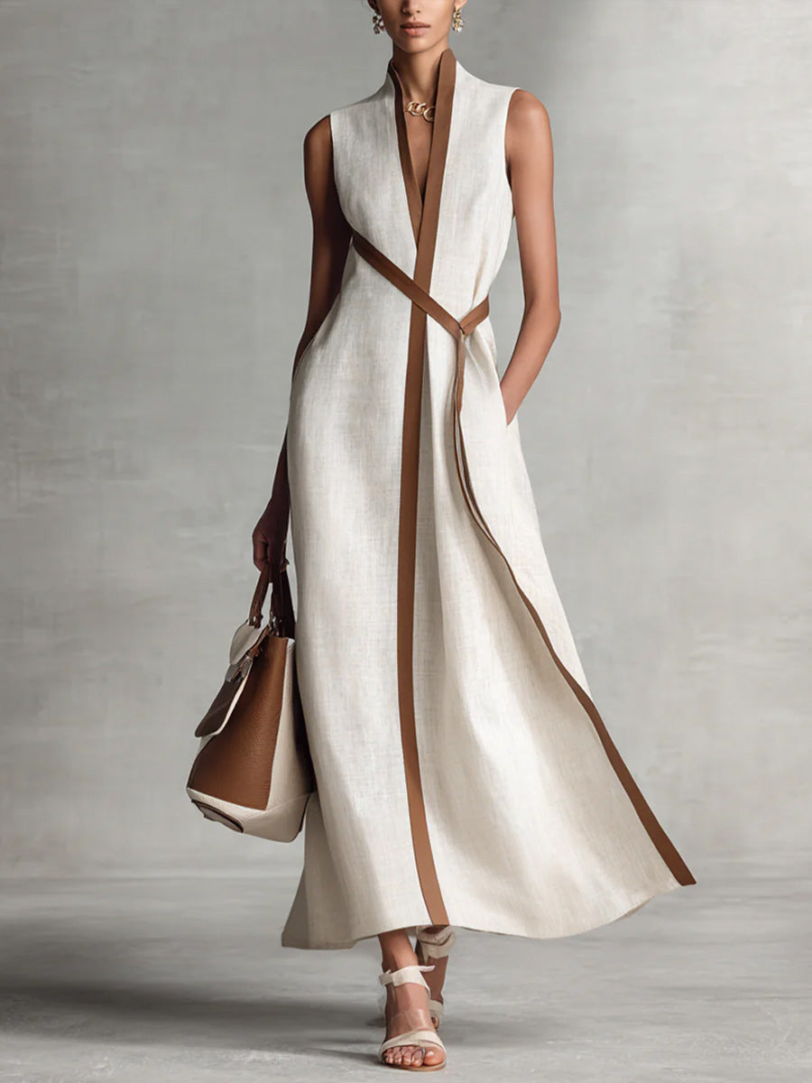 Women's Maxi Dress Sleeveless Wrap V-Neck Contrast Trim - White