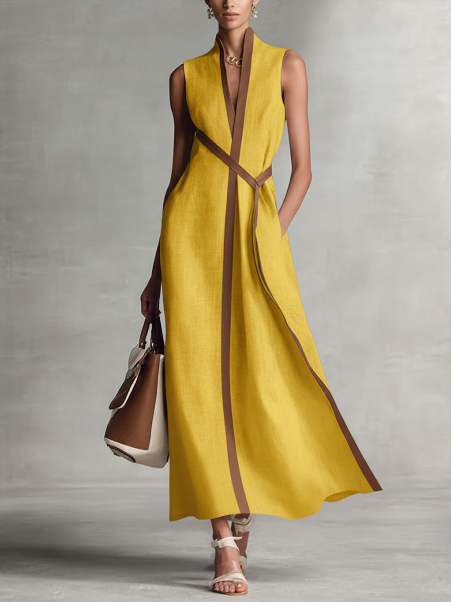 Women's Maxi Dress Sleeveless Wrap V-Neck Contrast Trim - Yellow