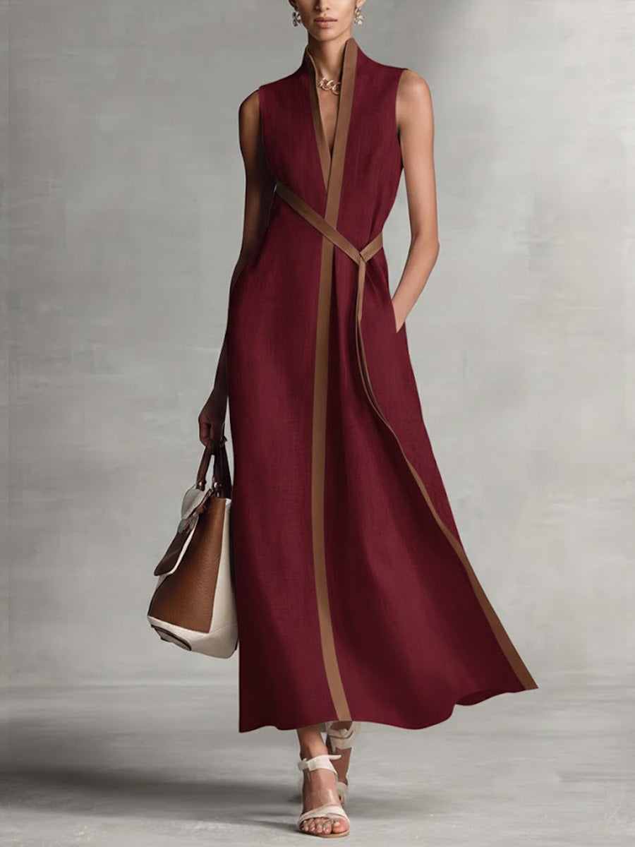 Women's Maxi Dress Sleeveless Wrap V-Neck Contrast Trim - Wine Red