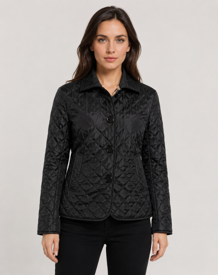Women's diamond-quilted button-front jacket with collar and checked inner trim