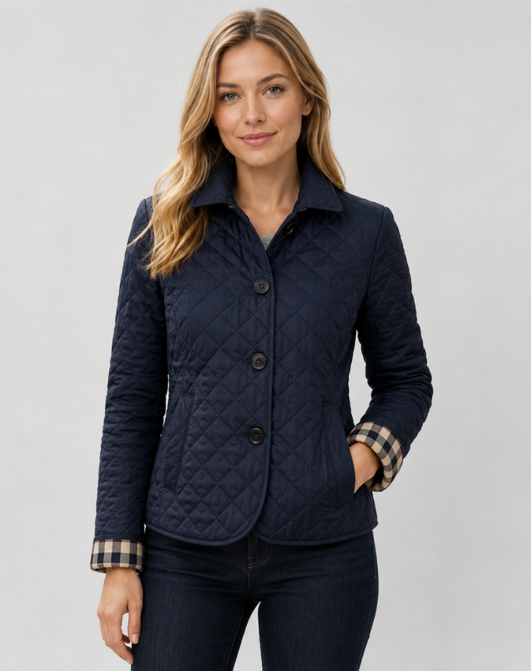 Women's diamond-quilted button-front jacket with collar and checked inner trim