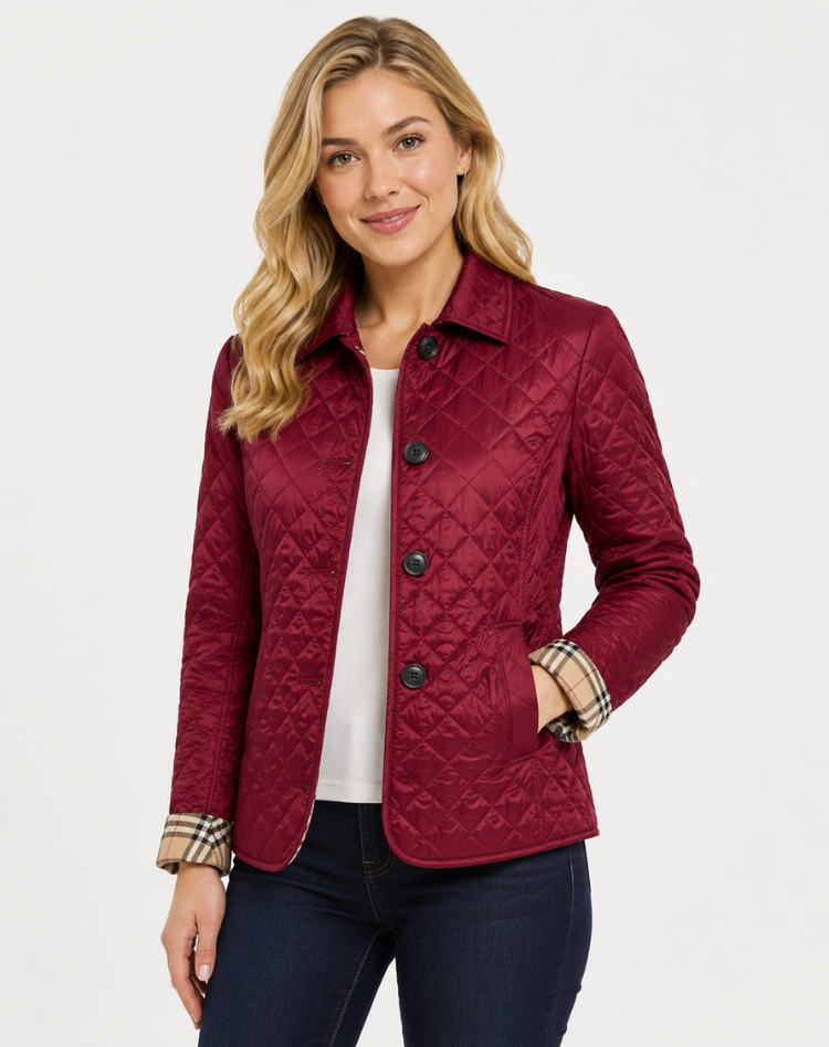 Women's diamond-quilted button-front jacket with collar and checked inner trim