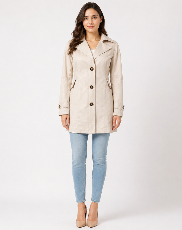 Women's short trench coat with notched lapels, button front and cuff straps
