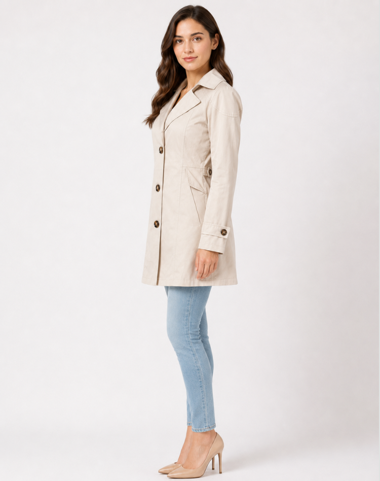 Women's short trench coat with notched lapels, button front and cuff straps