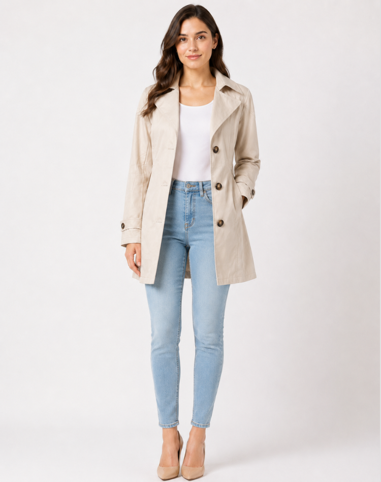 Women's short trench coat with notched lapels, button front and cuff straps