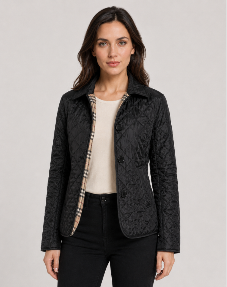 Women's diamond-quilted button-front jacket with collar and checked inner trim
