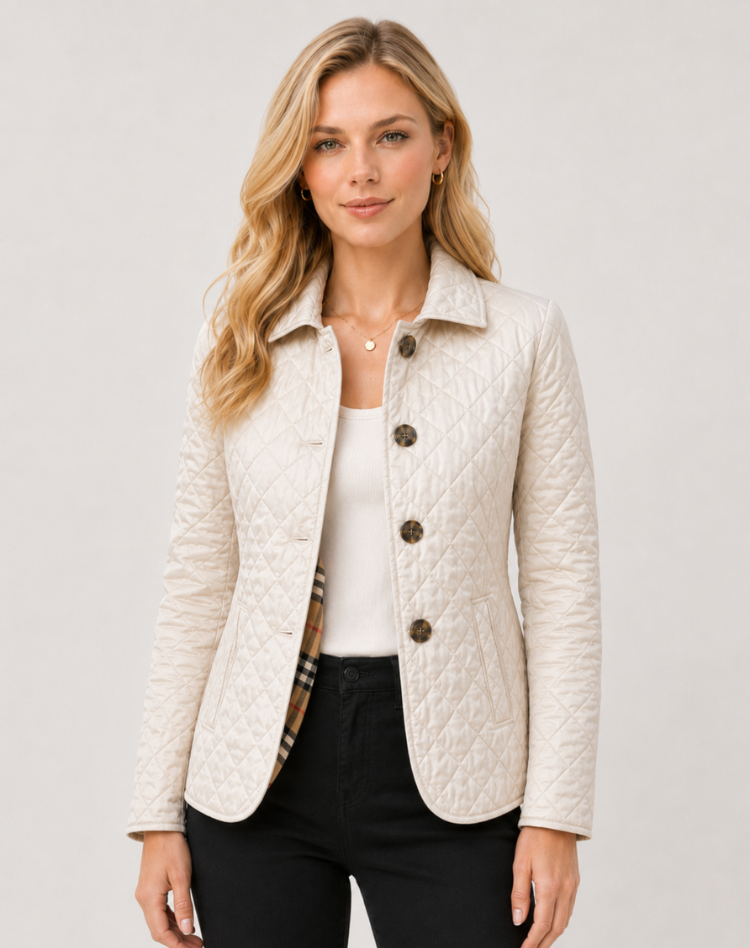 Women's diamond-quilted button-front jacket with collar and checked inner trim